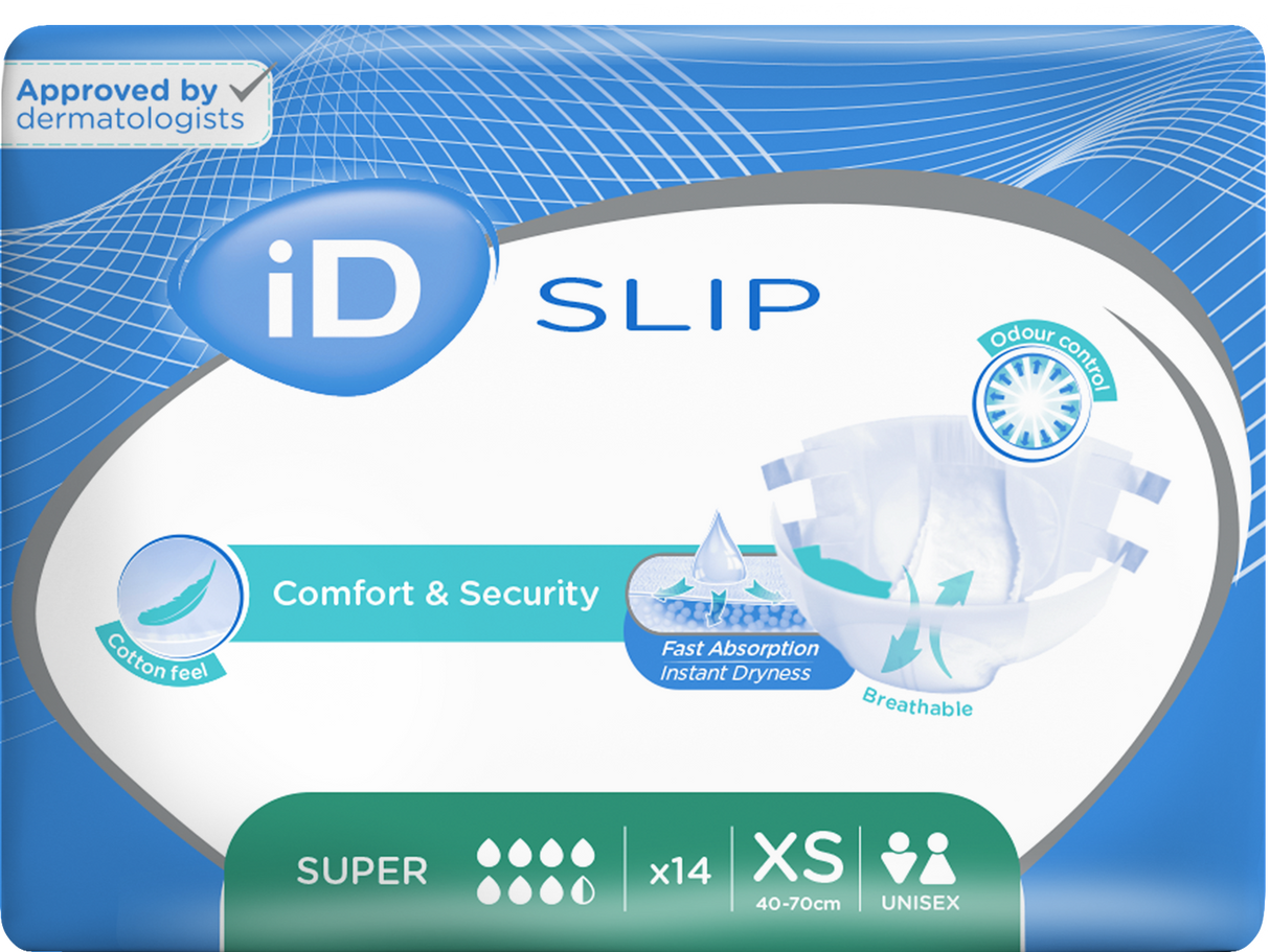 CS/12 (14/PKG) ID SLIP SUPER, X-SMALL, (16"-28"), 1550 ML ABSORBENCY.