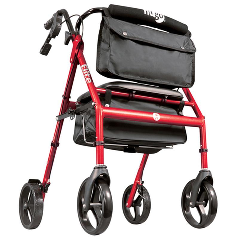 DM 700-961 EA/1 Elite Rollator Rolling Walker with Seat, Backrest and Saddle Bag, Garnet Red