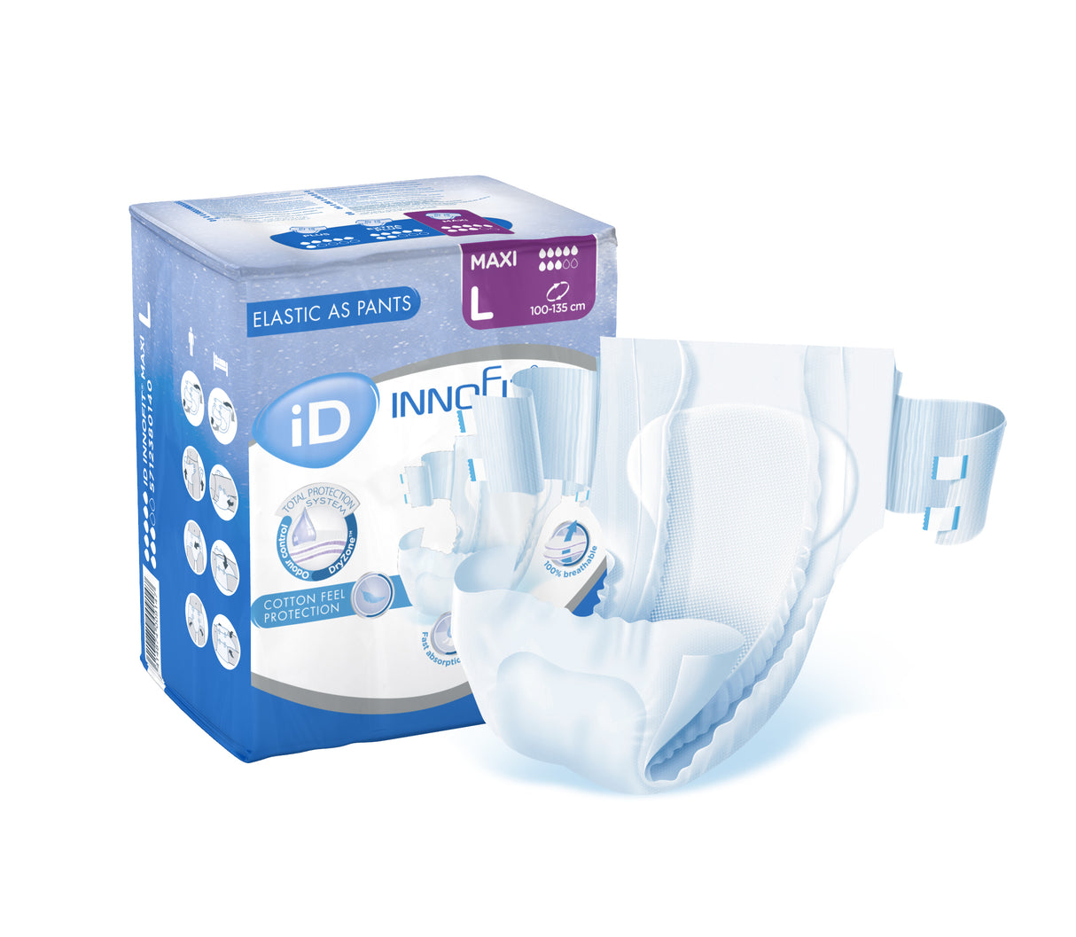 ID 5712380140 CS/4 (14/PKG) ID INNOFIT MAXI STRETCH, LARGE (39" - 53") 3400ML ABSORBENCY.