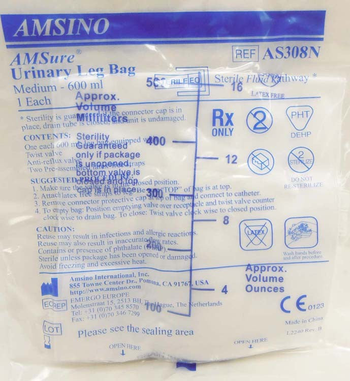 SOU UR308N EA/1 LEG BAG MEDIUM 600ML WITH LEG STRAPS AND TWIST TYPE DRAINAGE VALVE LATEX-FREE