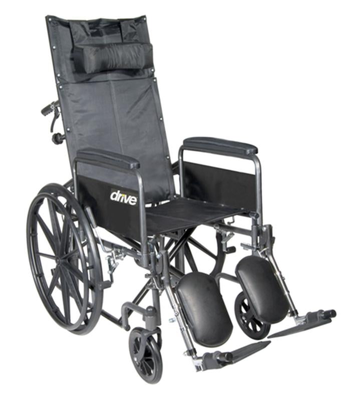DM SSP18RBDFAV EA/1 Silver Sport Recliner Wheelchair w/ Vinyl Upholstery with Elevating Leg Rests, Detachable Full Arms, 18" Seat