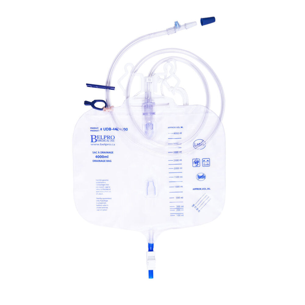 Belpro UDB-4464000 4000 mL drainage bag with double clamp drain valve