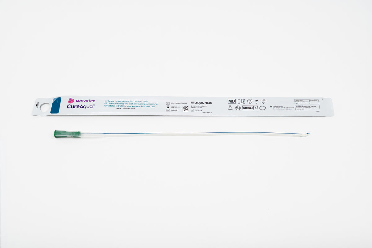 Cure Aqua male coudé-tip catheter and individual packaging