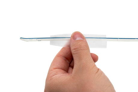 Cure Aqua male coudé catheter no-touch sleeve and blue orientation stripe