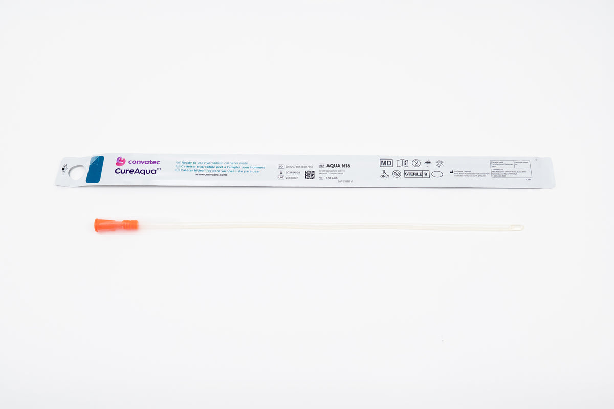 Cure Aqua male straight-tip catheter with no-touch sleeve and individual packaging