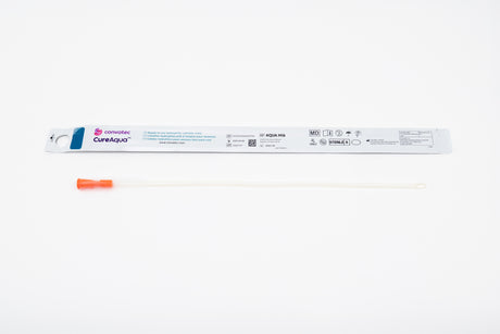 Cure Aqua male straight-tip catheter with no-touch sleeve and individual packaging