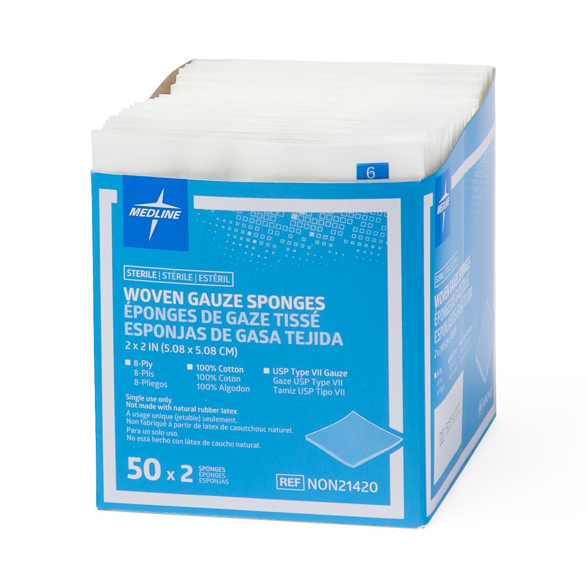 Medline NON21420 Woven Sterile Gauze Sponges, 2 x 2 in, 8-Ply