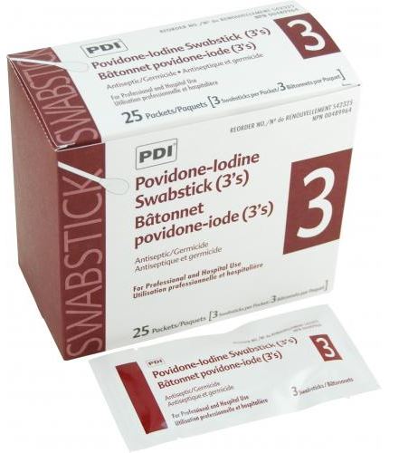 PDI Povidone-Iodine Prep Swabsticks, 3 per packet, SKU S42325