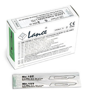 AMG 500-015 BX/100  LANCE STAINLESS STEEL SCALPEL BLADES SIZE 15 STERILE, #3 FITTING