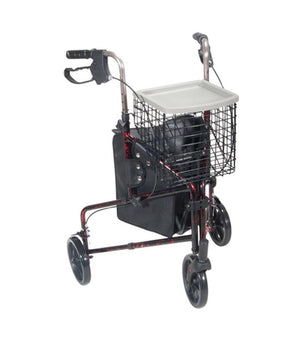 DM 10289RD EA/1 3 Wheel Rollator Rolling Walker with Basket Tray and Pouch, Flame Red