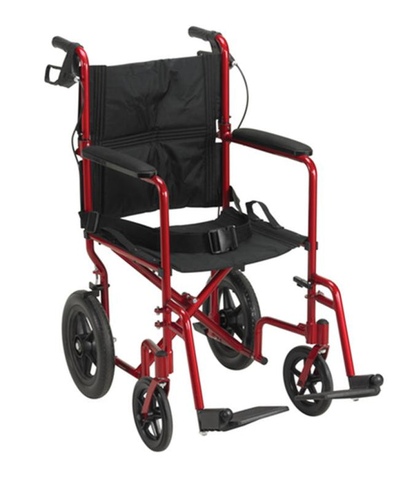 DM EXP19LTRD EA/1 Lightweight Expedition Transport Wheelchair with Hand Brakes, Red