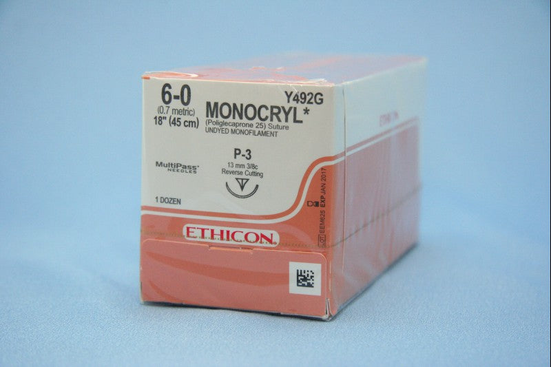 JNJ Y492G BX/12  SUTURE PLASTIC P-3 NEEDLE MONOCRYL UNDYED MONO SIZE 6 18INCH