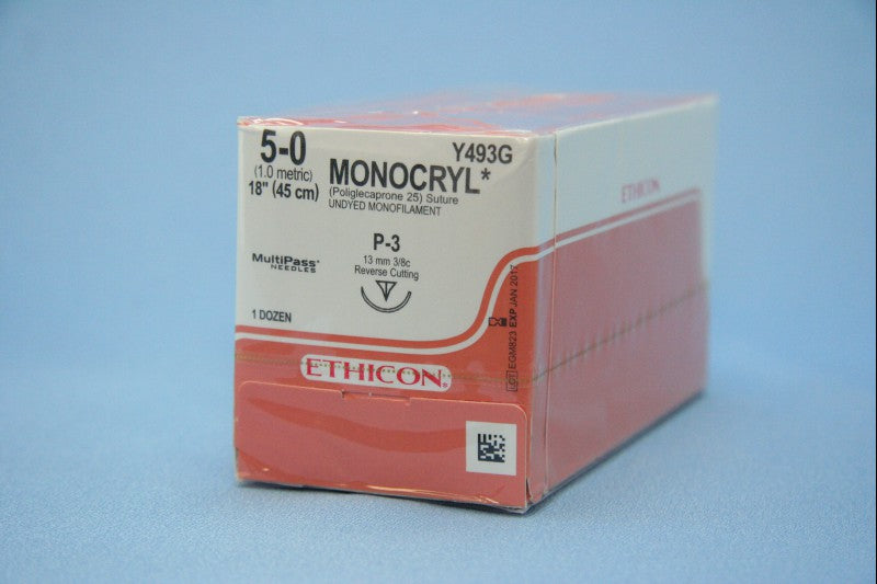 JNJ Y493G BX/12  SUTURE MONOCRYL PLASTIC P-3 NEEDLE 5-0 45CM