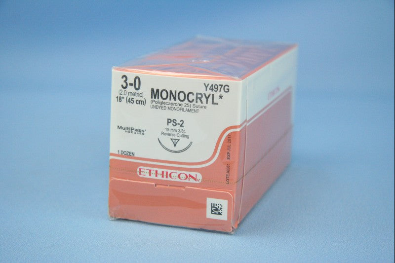 JNJ Y497G BX/12 SUTURE MONOCRYL UNDYED 18 IN SZ 3-0 45CM PS-2 NEEDLE