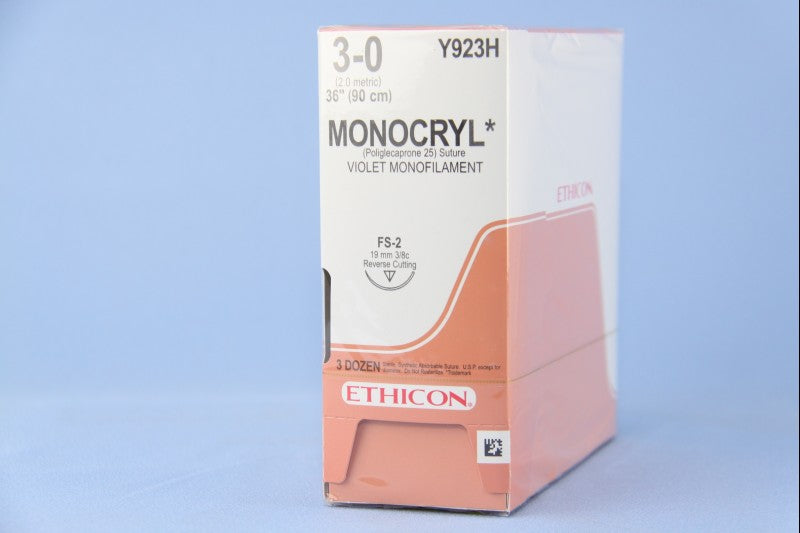 JNJ Y923H CS/36 SUTURE ETHICON MONOCRYL VIOLET SIZE 3 27IN, MONO CUTICULAR FS-2